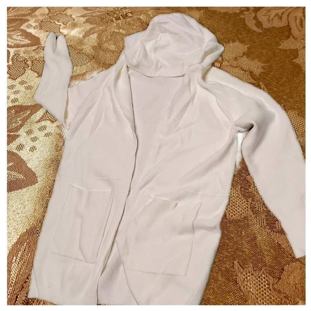 White Hooded Long Sleeve Open Front Cardigan - Picture 2 of 11